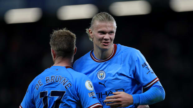 Manchester City teammates Kevin De Bruyne (left) and Erling Haaland (right) pictured together in January 2023